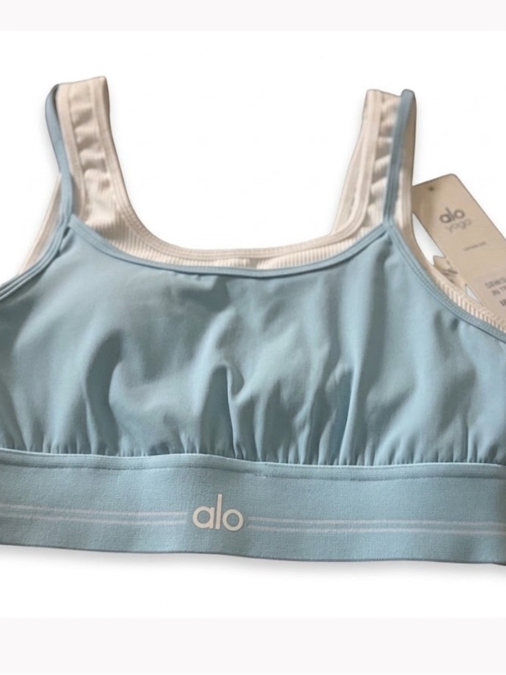 ALO Yoga Kids Sky Blue Swim Crop Top with White Trim